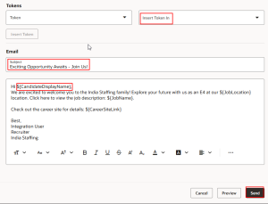 Oracle Recruiting: Simplifying Candidate Communication and Bulk Messaging - Fig 12: Option to insert tokens in the message